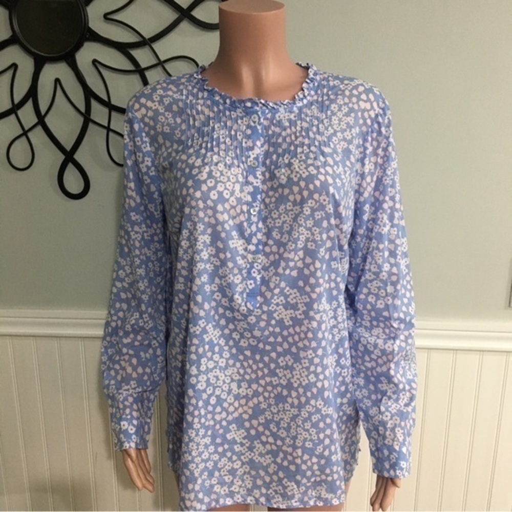 Talbots Blue Floral Blouse Ruffled & Pleated Neckline  Long Sleeve size Large